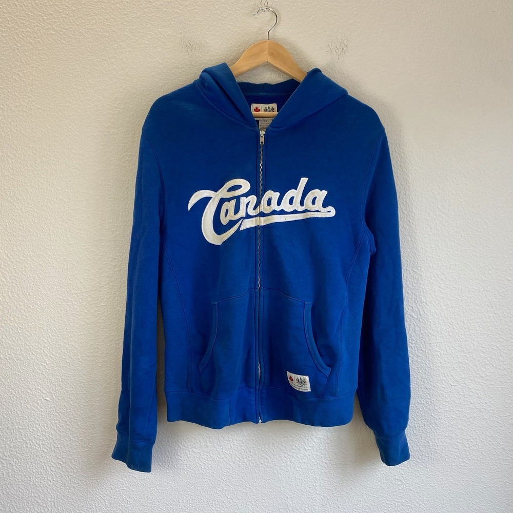 Hudson's Bay Co Canada Olympic Hoodie Mens Small Blue Zip Up Fleece Spellout